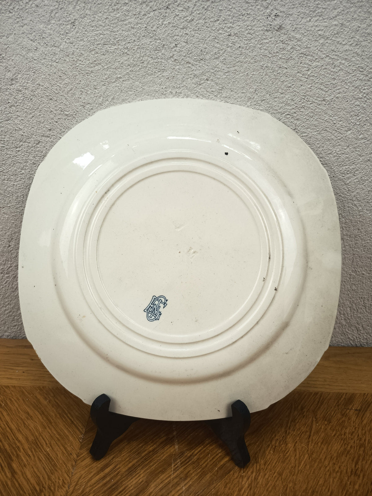 Assiette carrée ancienne Gien modèle Ibis bleu 25 cm