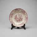 Assiette creuse ancienne en terre de fer décor Colandine bordeaux avec pagodes et fleurs