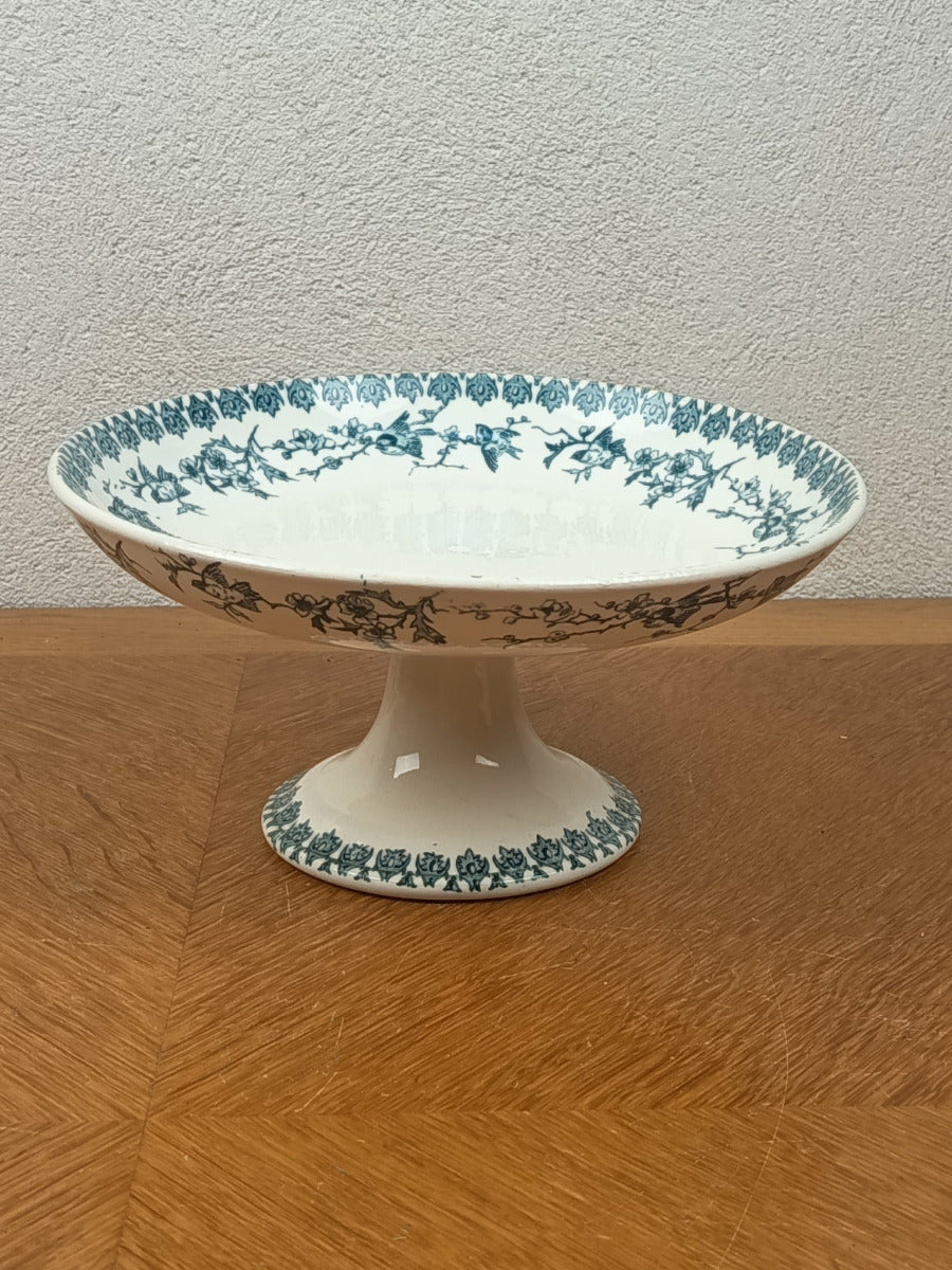 Grand compotier ancien Boulenger en Terre de Fer modèle Lyonnais décoré d’oiseaux bleu-vert