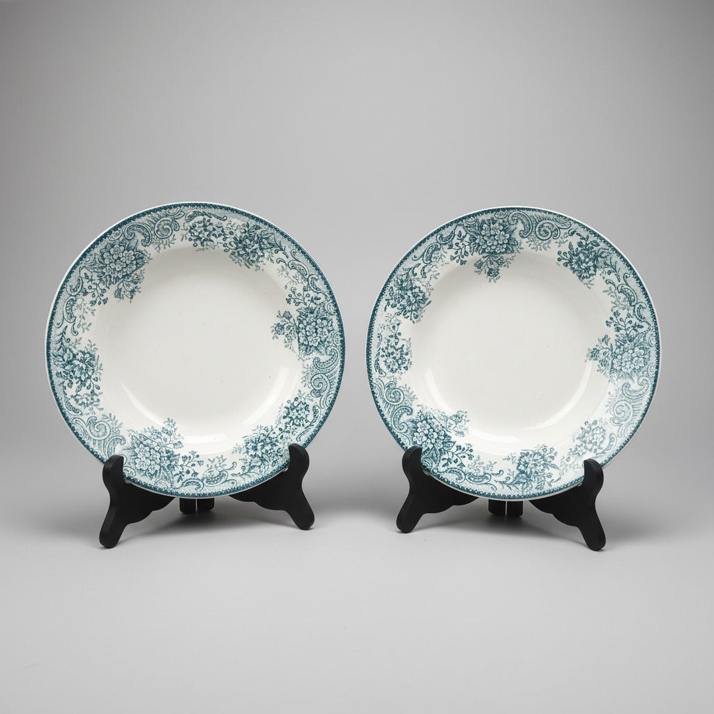 Paire d’assiettes creuses anciennes en terre de fer Saint-Amandinoise modèle Printania, décor floral bleu-vert