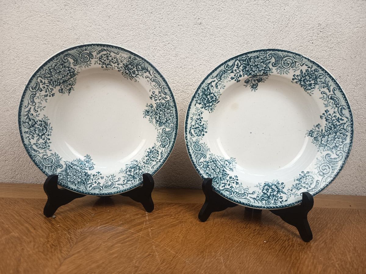 Paire d’assiettes creuses anciennes en terre de fer Saint-Amandinoise modèle Printania, décor floral bleu-vert