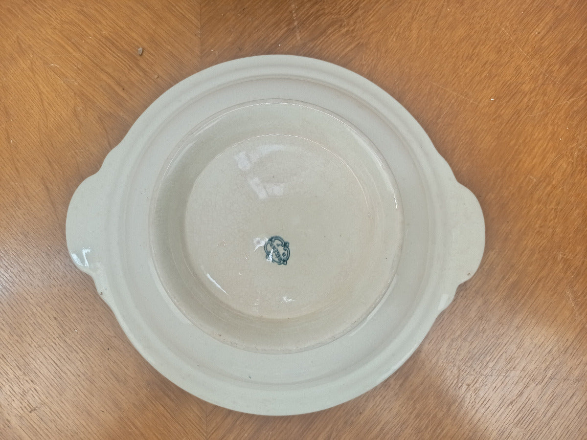 Légumier couvert ancien Boch Frères modèle Régent en faïence fine bleu-vert vers 1900