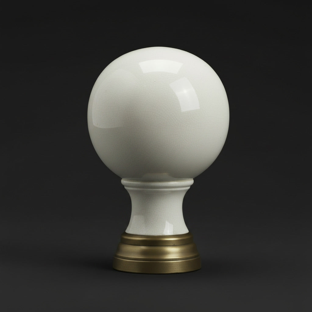Boule d’escalier ancienne en porcelaine ivoire craquelée avec base en laiton