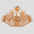Service à liqueur Art déco en verre rose avec carafe, six verres et plateau