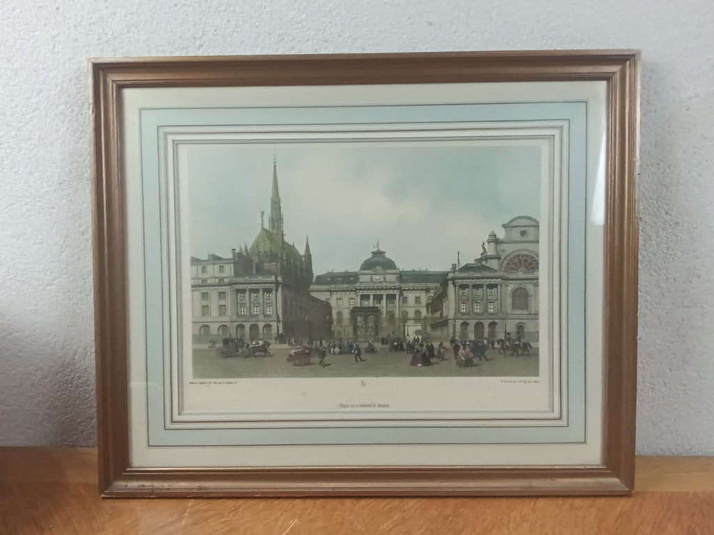 Lithographie ancienne encadrée du Palais de Justice de Paris, vers 1859