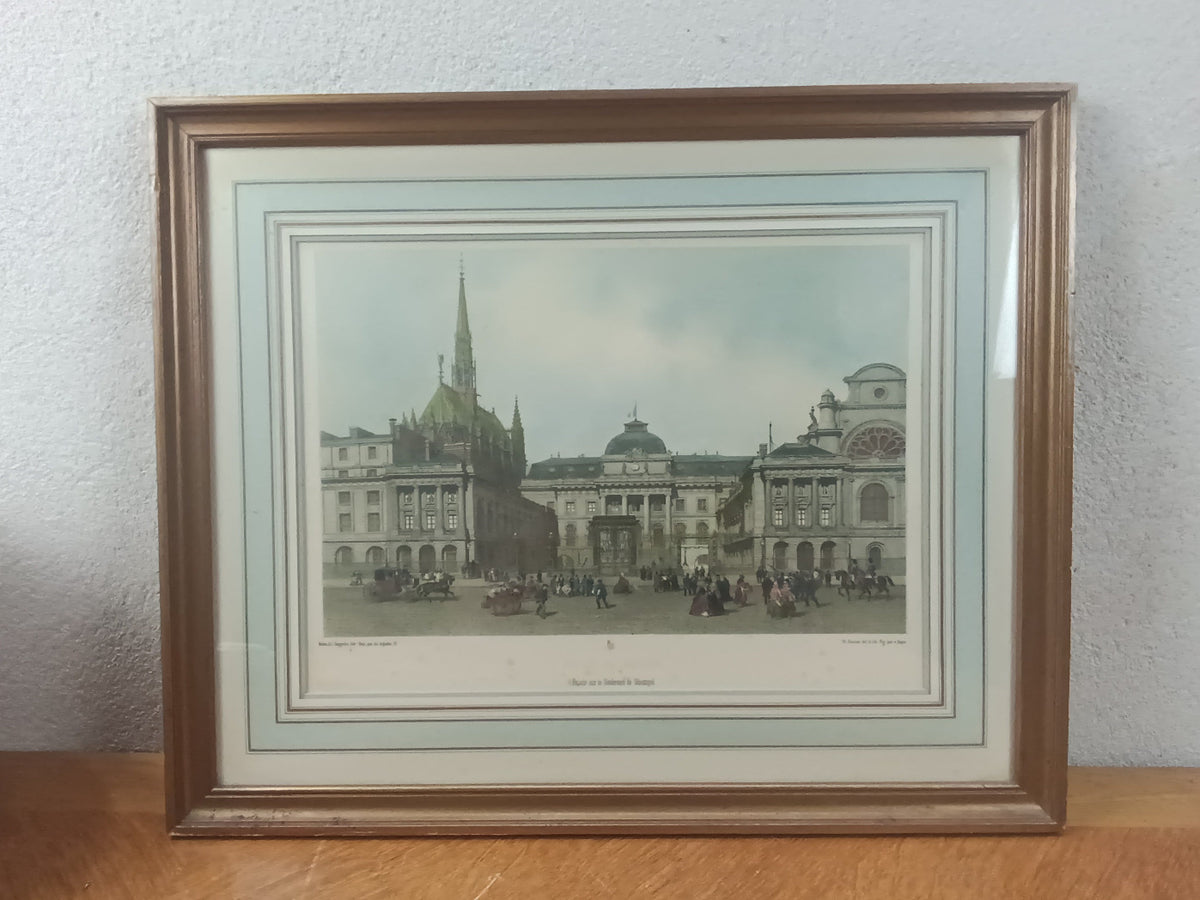 Lithographie ancienne encadrée du Palais de Justice de Paris, vers 1859