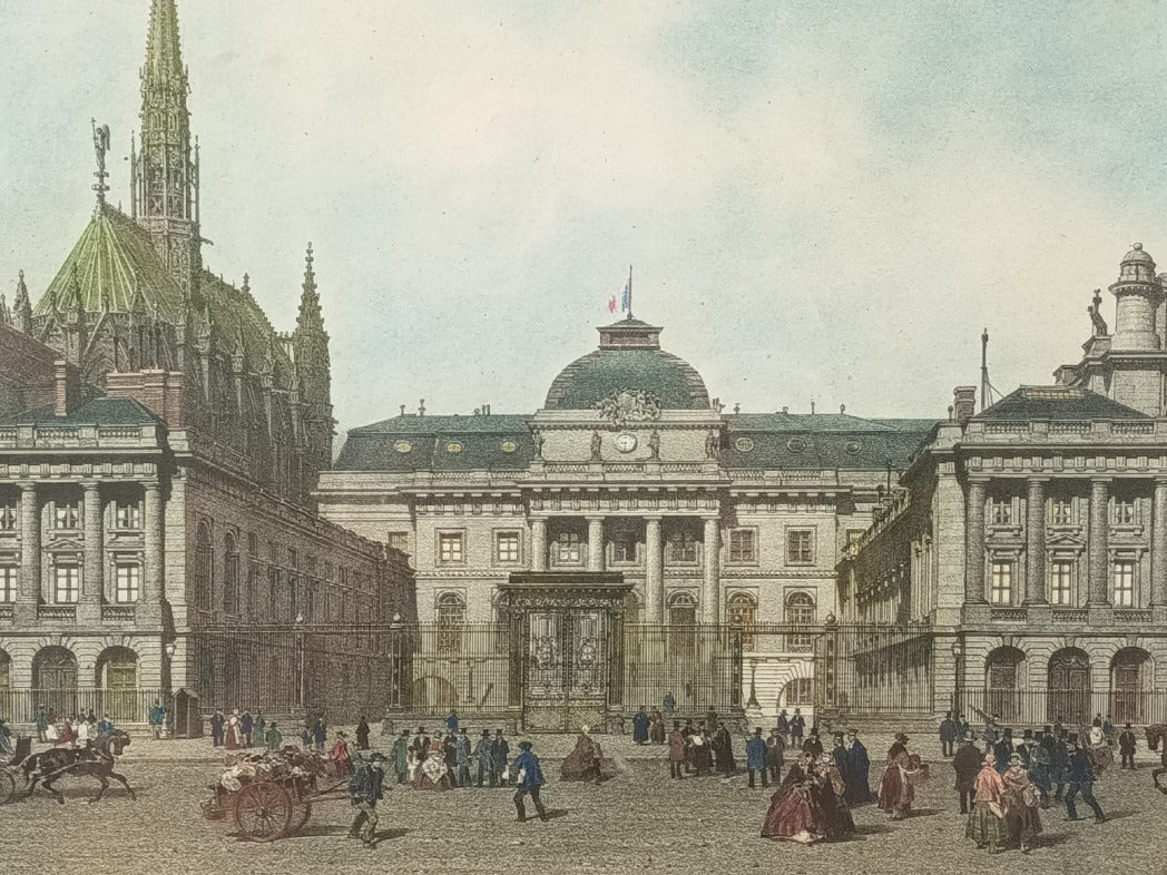 Lithographie ancienne encadrée du Palais de Justice de Paris, vers 1859