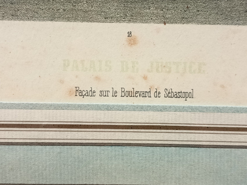 Lithographie ancienne encadrée du Palais de Justice de Paris, vers 1859