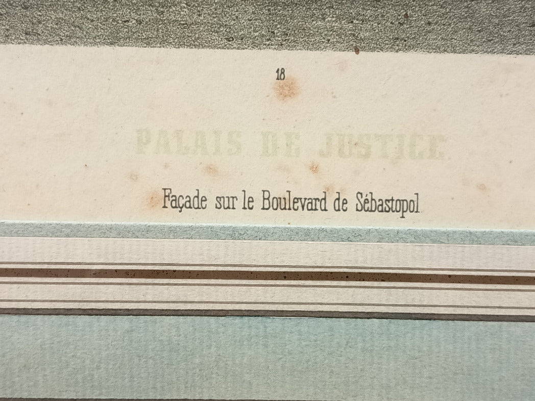 Lithographie ancienne encadrée du Palais de Justice de Paris, vers 1859