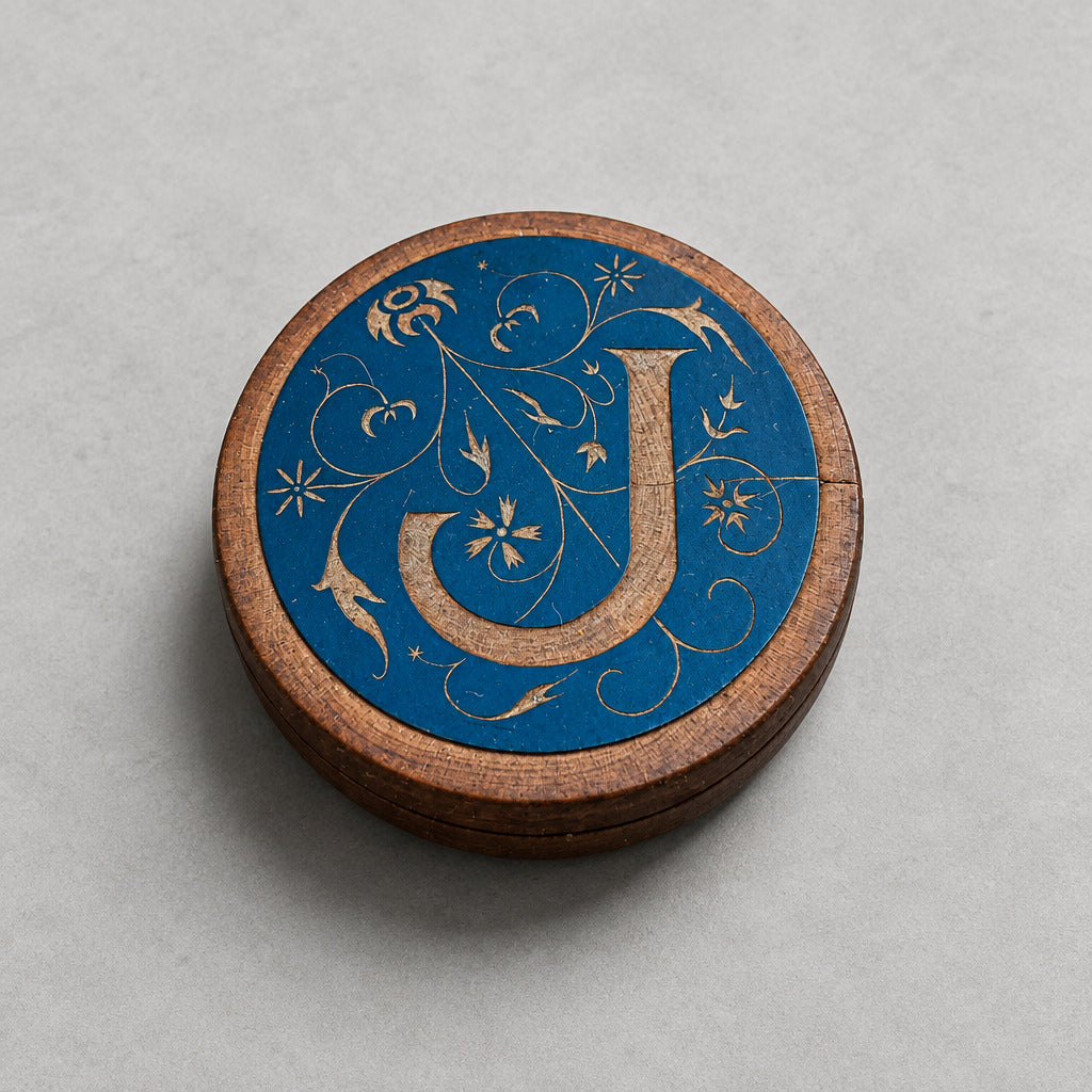 Boîte à musique ronde en bois avec initiale J et décor floral sur fond bleu sombre