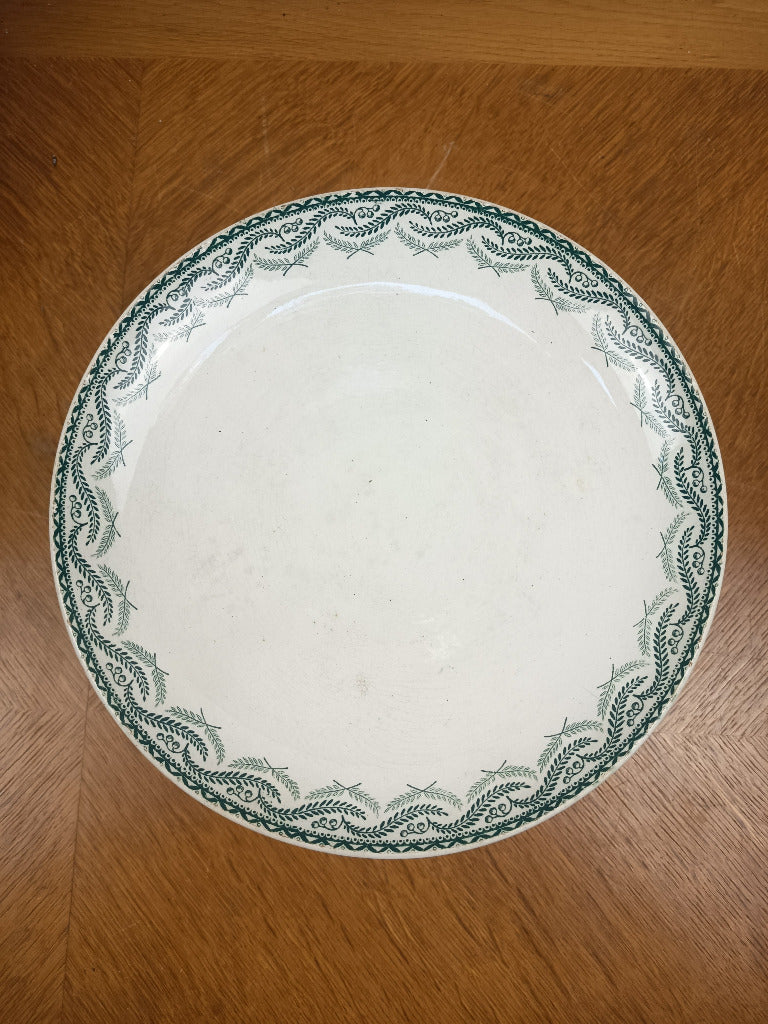 Compotier ancien Saint-Amand Réjane sur pied, en faïence blanc crème à décor végétal vert