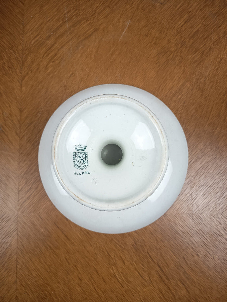 Compotier ancien Saint-Amand Réjane sur pied, en faïence blanc crème à décor végétal vert