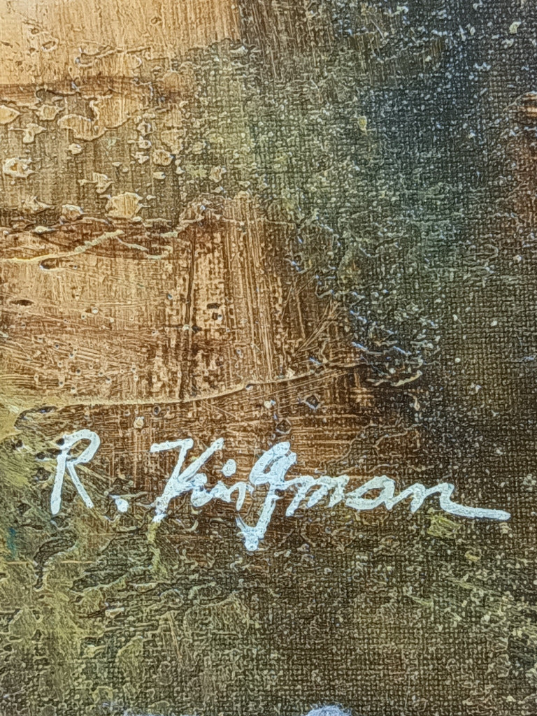 Tableau signé R. Kingman représentant un angelot aux drapés verts et roses, travaillé en empâtement et entouré d’un cadre doré de 76 × 64 cm.
