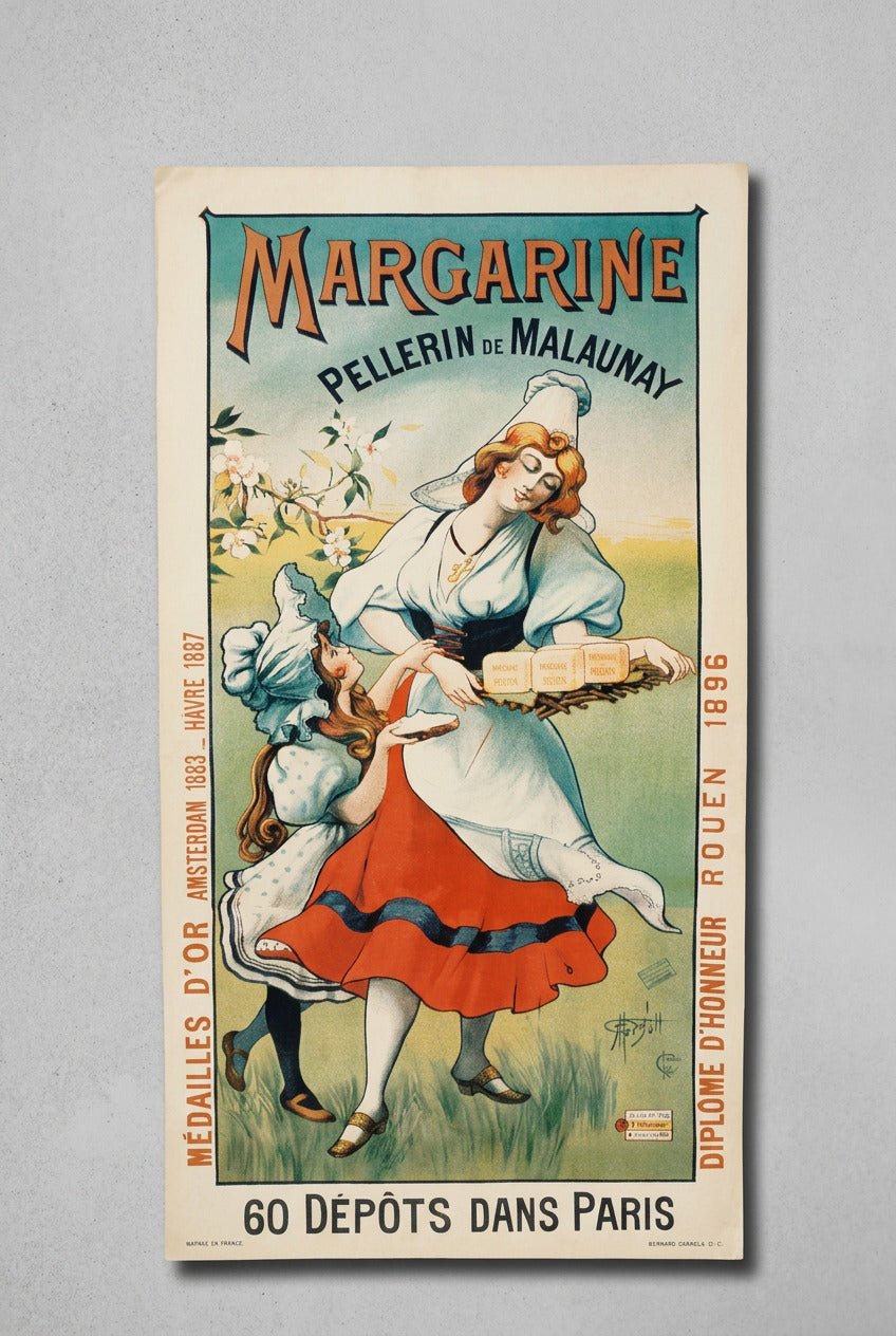 Publicité Margarine Pellerin de Malaunay sur carton, femme et fillette en costumes normands, 62 × 33 cm.