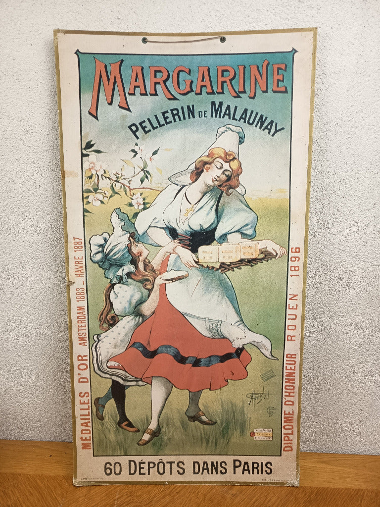 Publicité Margarine Pellerin de Malaunay sur carton, femme et fillette en costumes normands, 62 × 33 cm.
