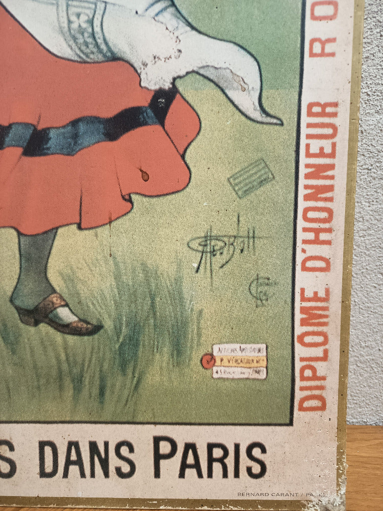 Publicité Margarine Pellerin de Malaunay sur carton, femme et fillette en costumes normands, 62 × 33 cm.