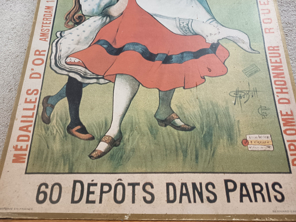 Publicité Margarine Pellerin de Malaunay sur carton, femme et fillette en costumes normands, 62 × 33 cm.