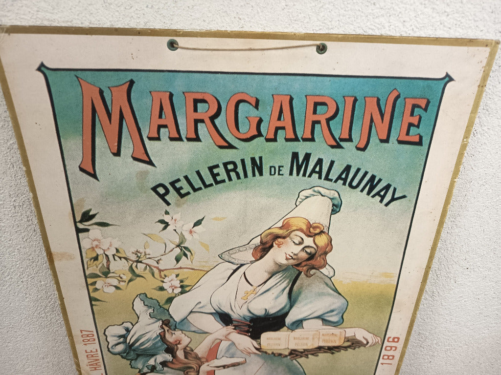 Publicité Margarine Pellerin de Malaunay sur carton, femme et fillette en costumes normands, 62 × 33 cm.
