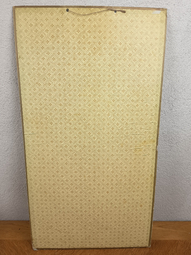 Publicité Margarine Pellerin de Malaunay sur carton, femme et fillette en costumes normands, 62 × 33 cm.