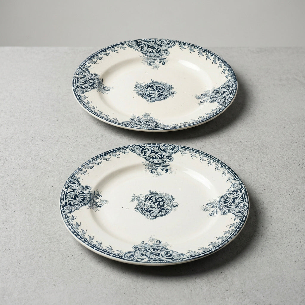 Deux assiettes anciennes en terre de fer décor Fontenoy bleu foncé, dont une marquée R & A Salins, diamètre 21,5 cm.