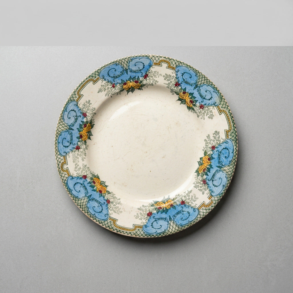 Compotier ancien Boulenger Arago en terre de fer polychrome, cartouches bleus et roses jaunes et rouges, diamètre 22 cm et hauteur 6 cm