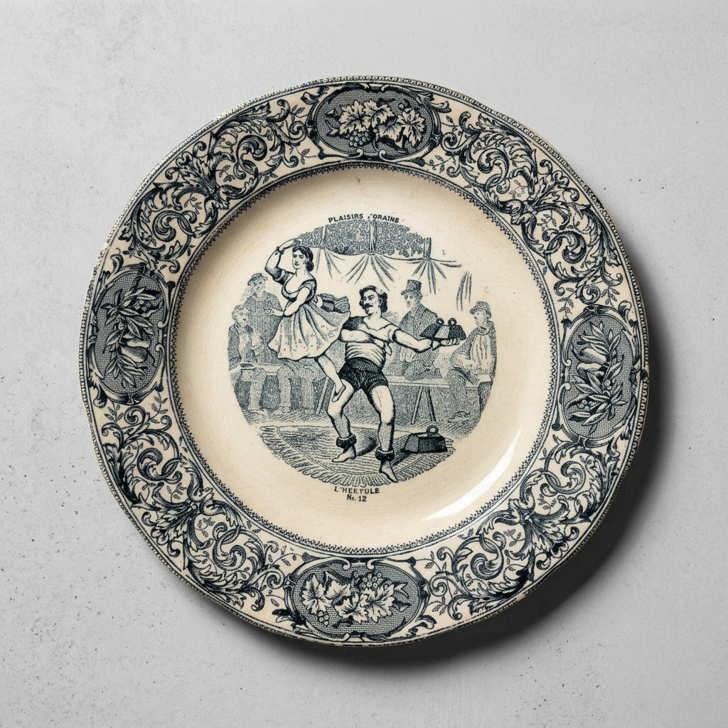 Assiette Gien L’Hercule n° 12 à scène foraine et bordure végétale noire sur fond ivoire