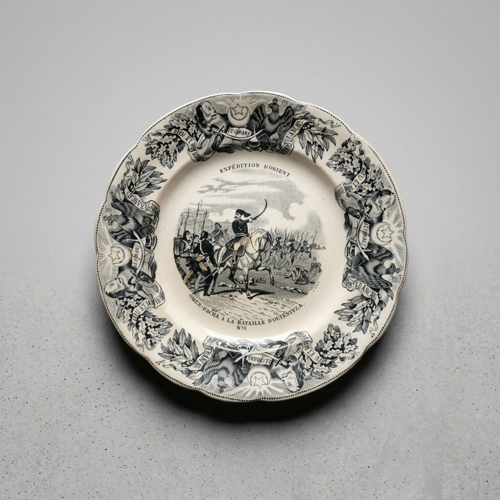 Assiette ancienne Gien Expédition d’Orient n° 3, Omer-Pacha à la bataille d’Oltenitza, décor noir, diamètre 20 cm, avec pertes d’émail au centre.